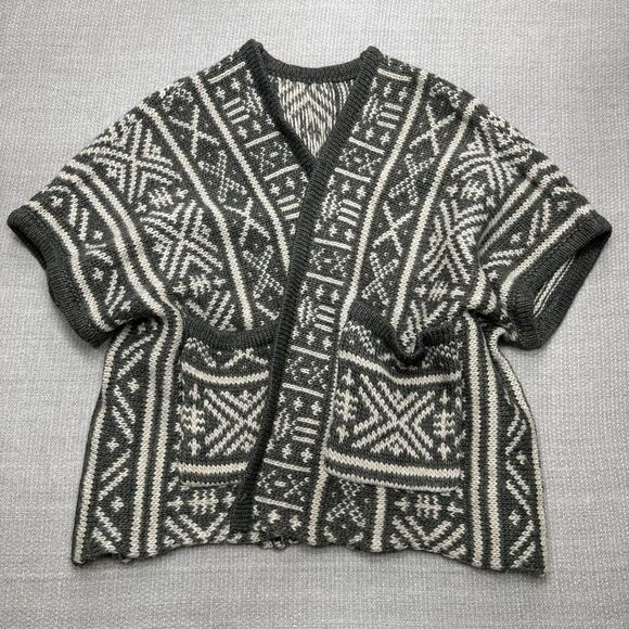 Vintage Wool Boho Poncho Vest w/ Pockets Drop Shoulder Cardigan Southwest Print - Picture 1 of 5